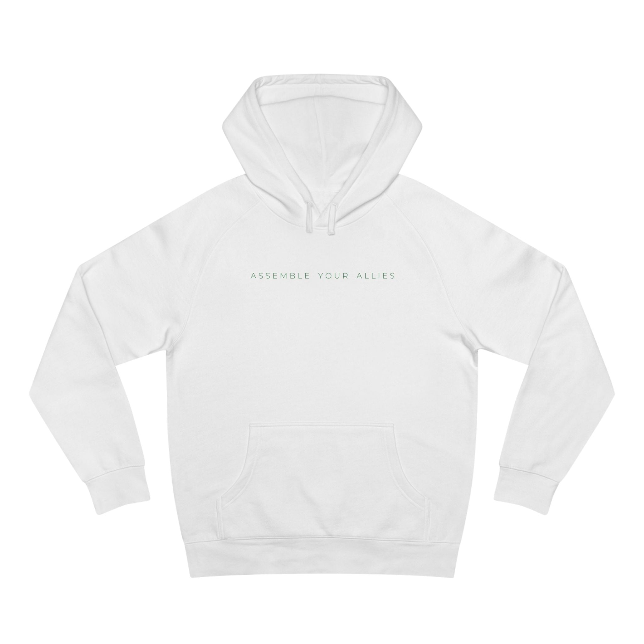 Evergreen Hoodie — “Assemble Your Allies” Minimal White Hoodie