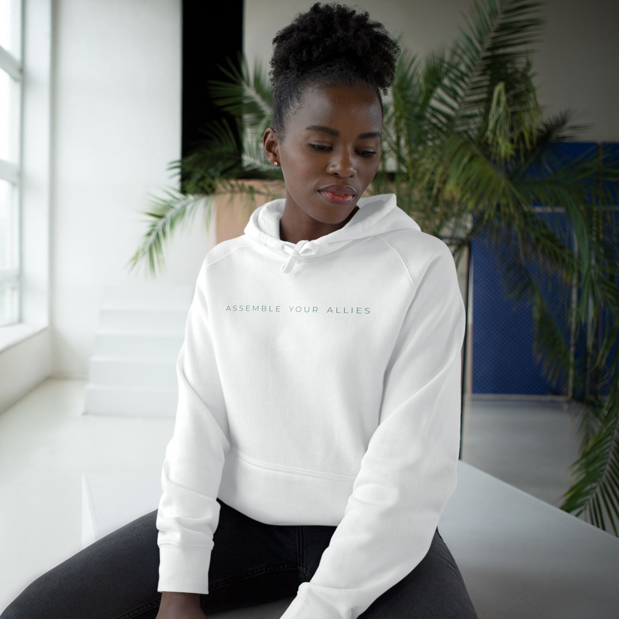 Evergreen Hoodie — “Assemble Your Allies” Minimal White Hoodie